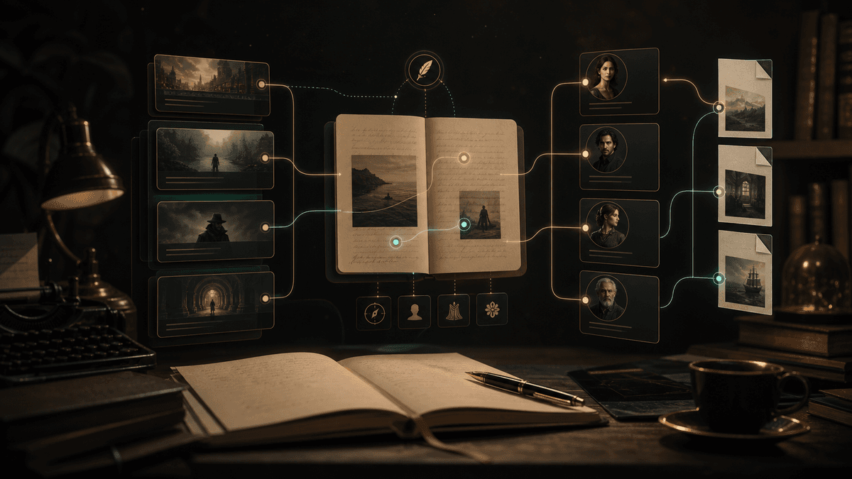 Interface de logiciel d'écriture de roman IA avec Story Bible et panneaux narratifs