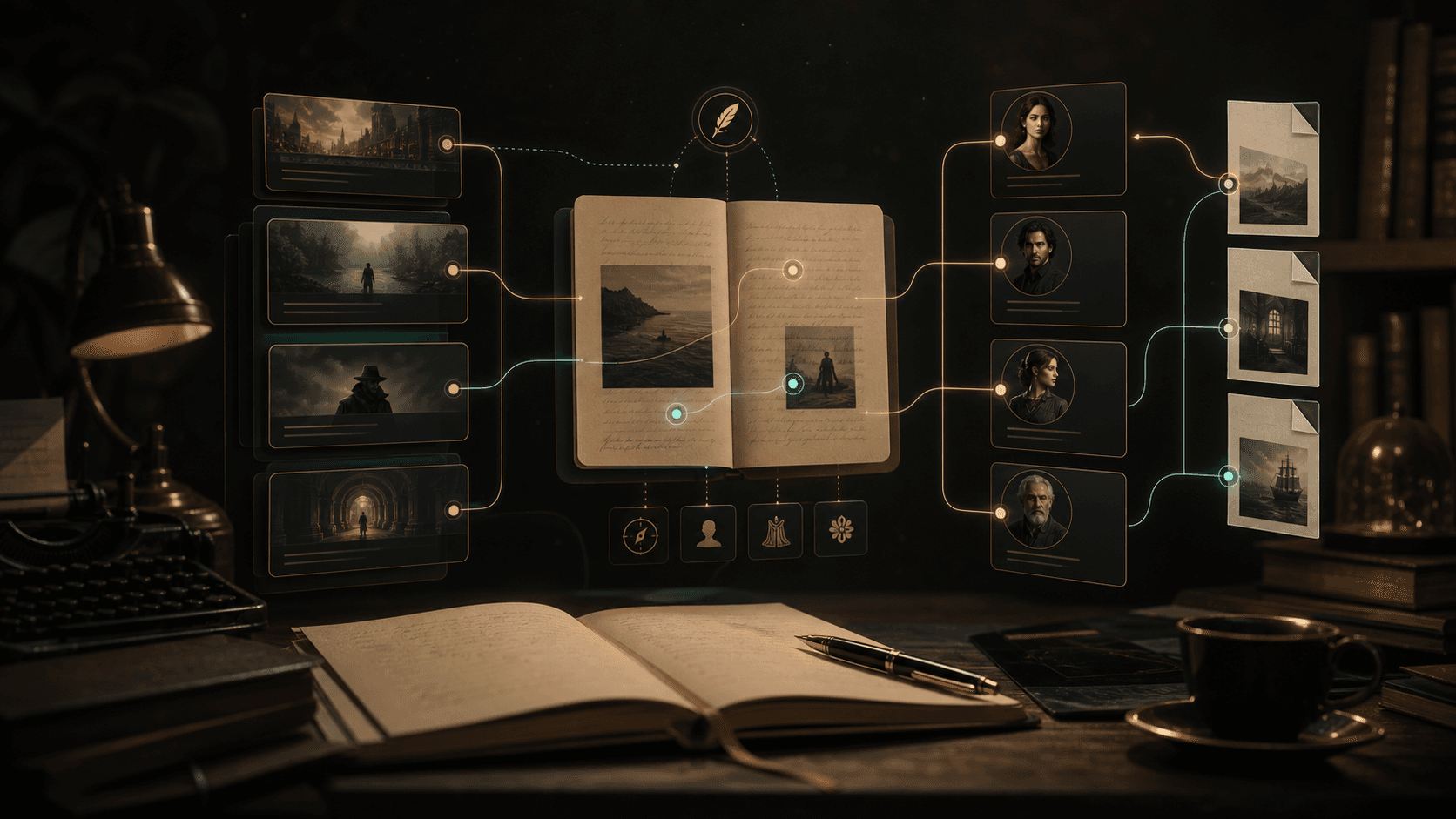 Interface de logiciel d'écriture de roman IA avec Story Bible et panneaux narratifs